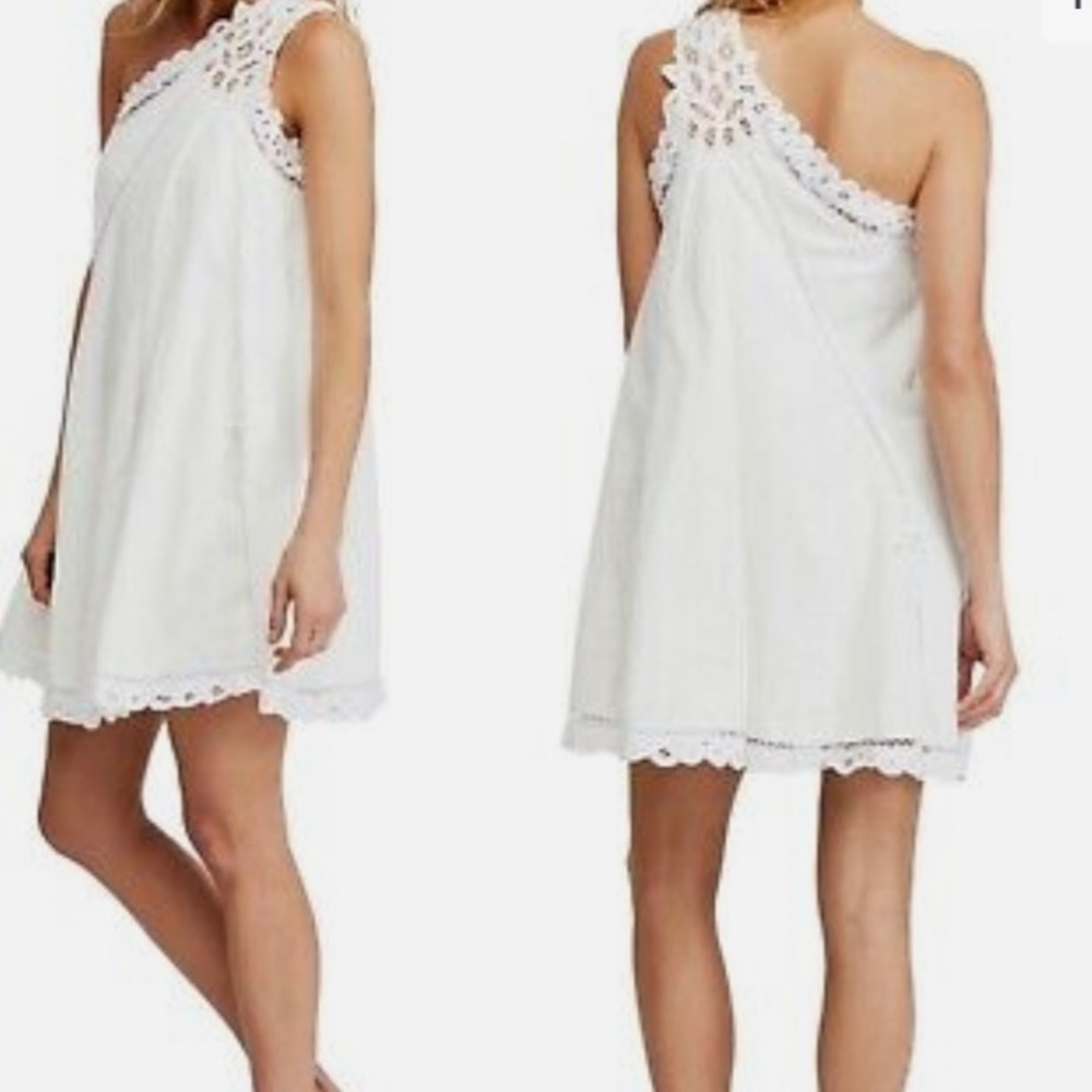 Free People White One-Shoulder Lace-Trim Dress